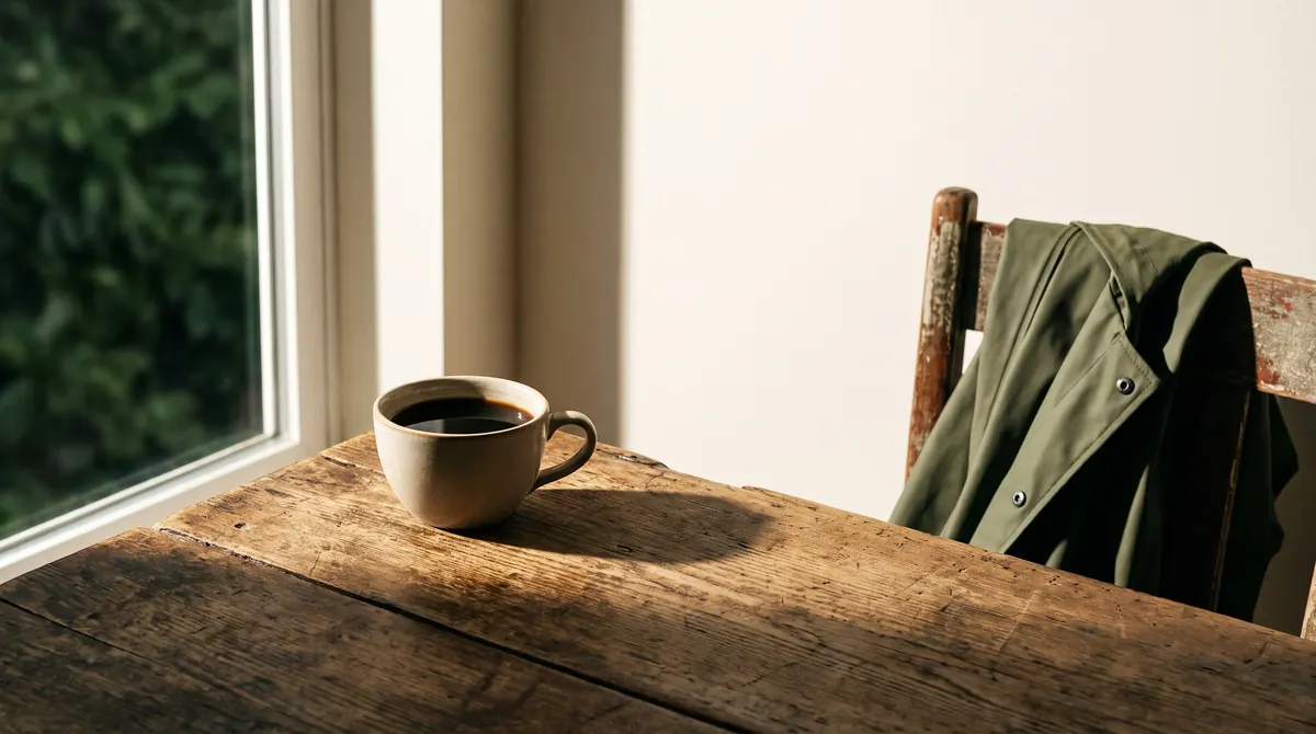 Koffie op een houten tafel bij het raam