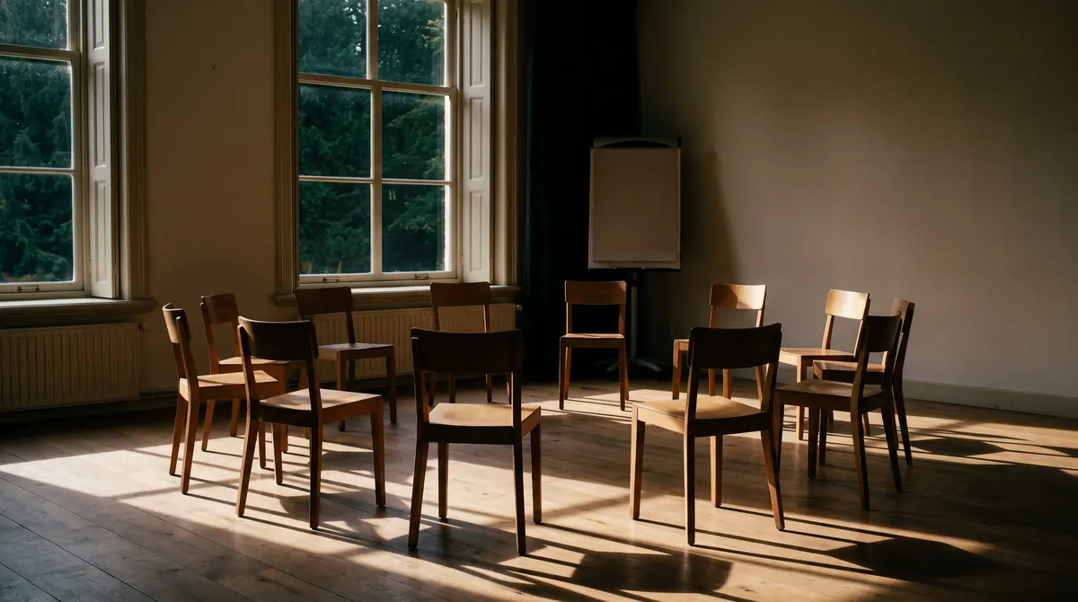 Lege zaal met stoelen in een kring, voor de dag begint